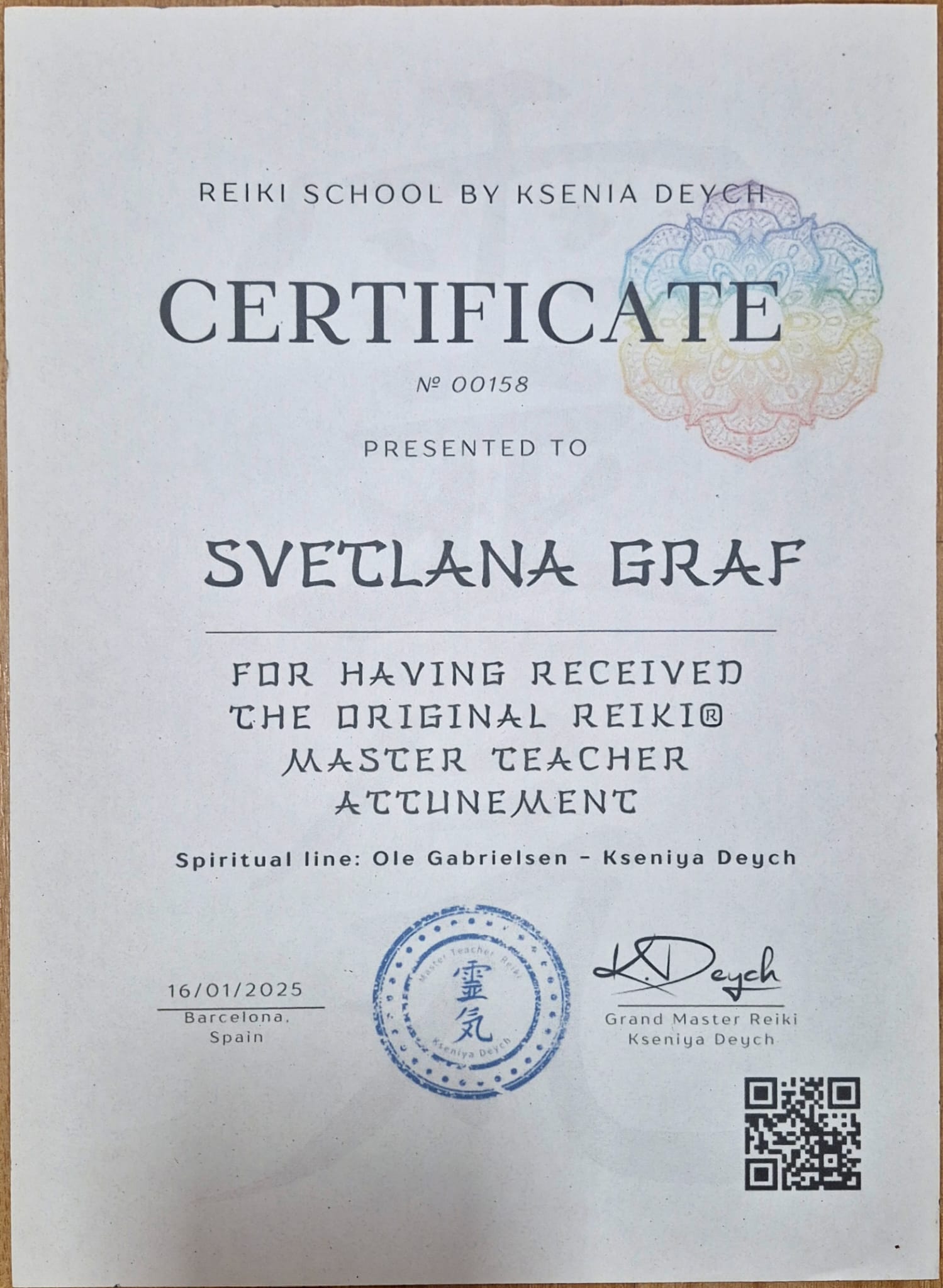 Reiki Master Teacher Zertifikat