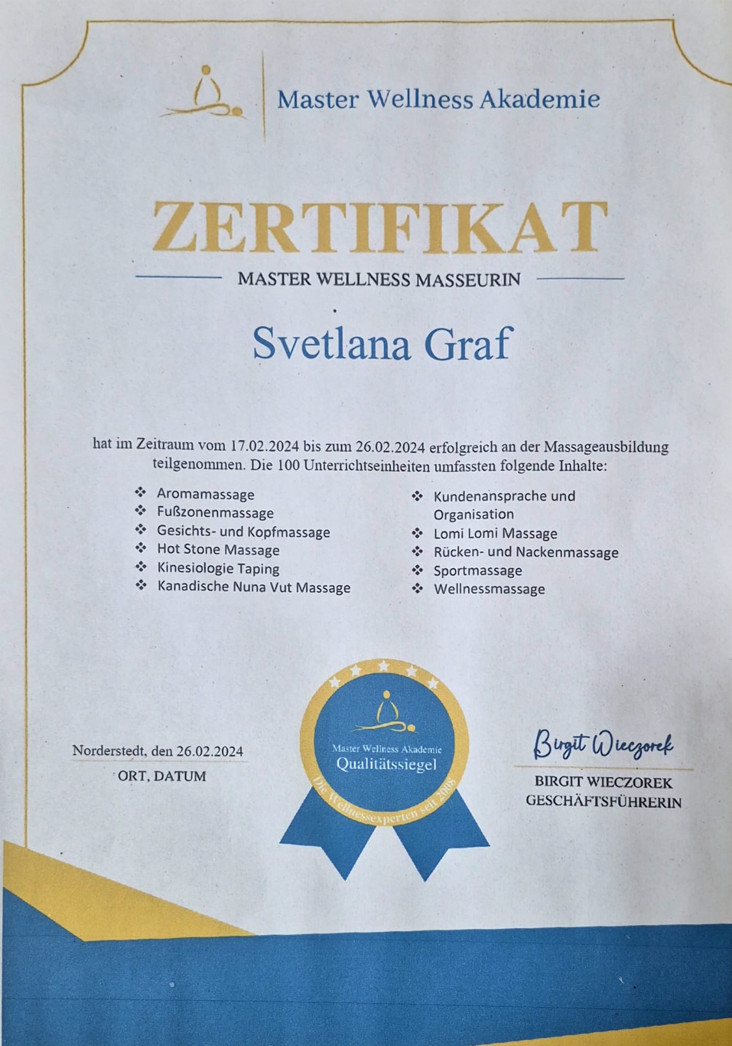 Wellness Masseurin Zertifikat